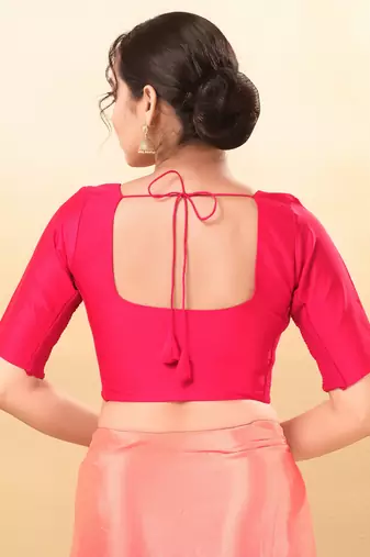 Women's taffeta silk padded front open elbow sleeves saree blouse