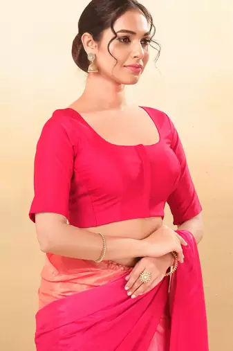 Women's taffeta silk padded front open elbow sleeves saree blouse