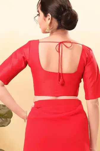 Women's taffeta silk padded front open elbow sleeves saree blouse
