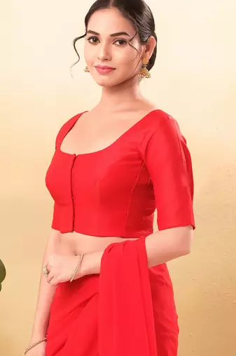 Women's taffeta silk padded front open elbow sleeves saree blouse