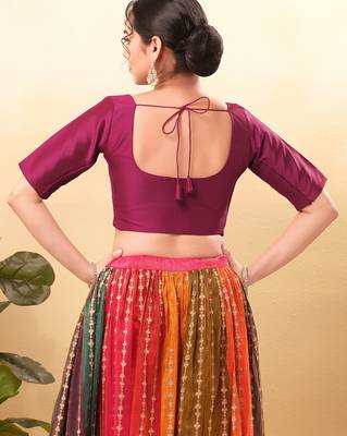 Women's taffeta silk padded front open elbow sleeves saree blouse 2