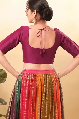 Women's taffeta silk padded front open elbow sleeves saree blouse
