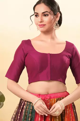 Women's taffeta silk padded front open elbow sleeves saree blouse