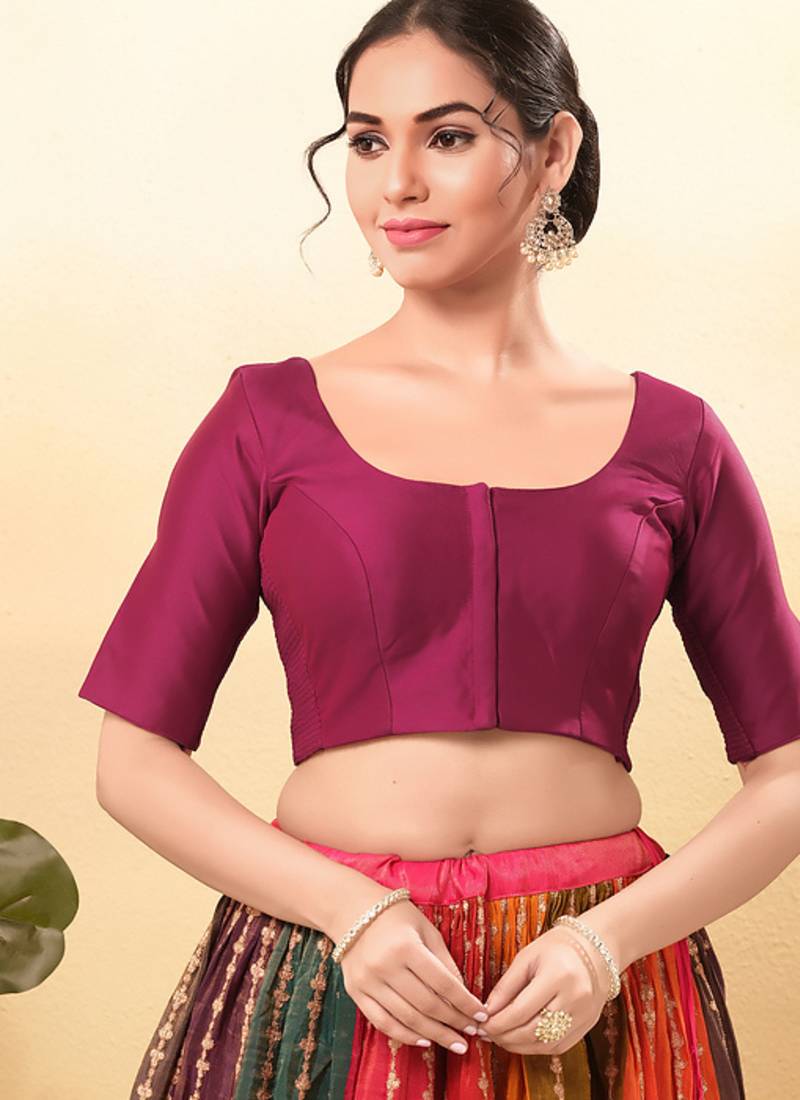 Women's taffeta silk padded front open elbow sleeves saree blouse
