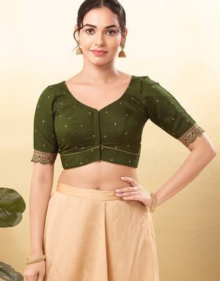 Women's silk padded front open elbow sleeves saree blouse 1