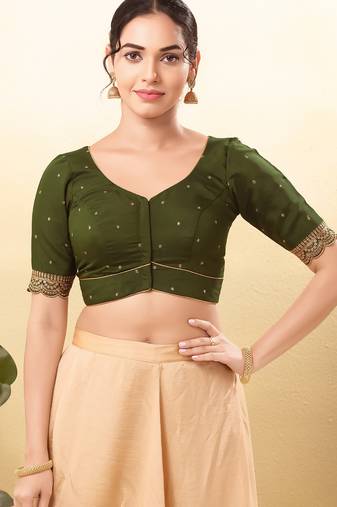 Women's silk padded front open elbow sleeves saree blouse