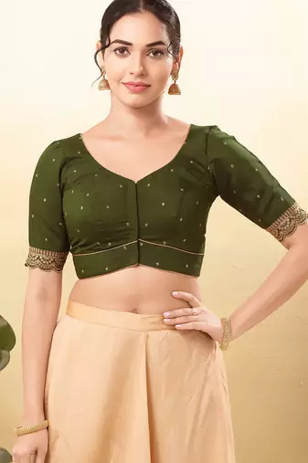 Women's silk padded front open elbow sleeves saree blouse