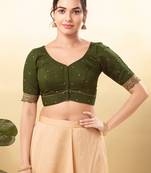 Women's silk padded front open elbow sleeves saree blouse