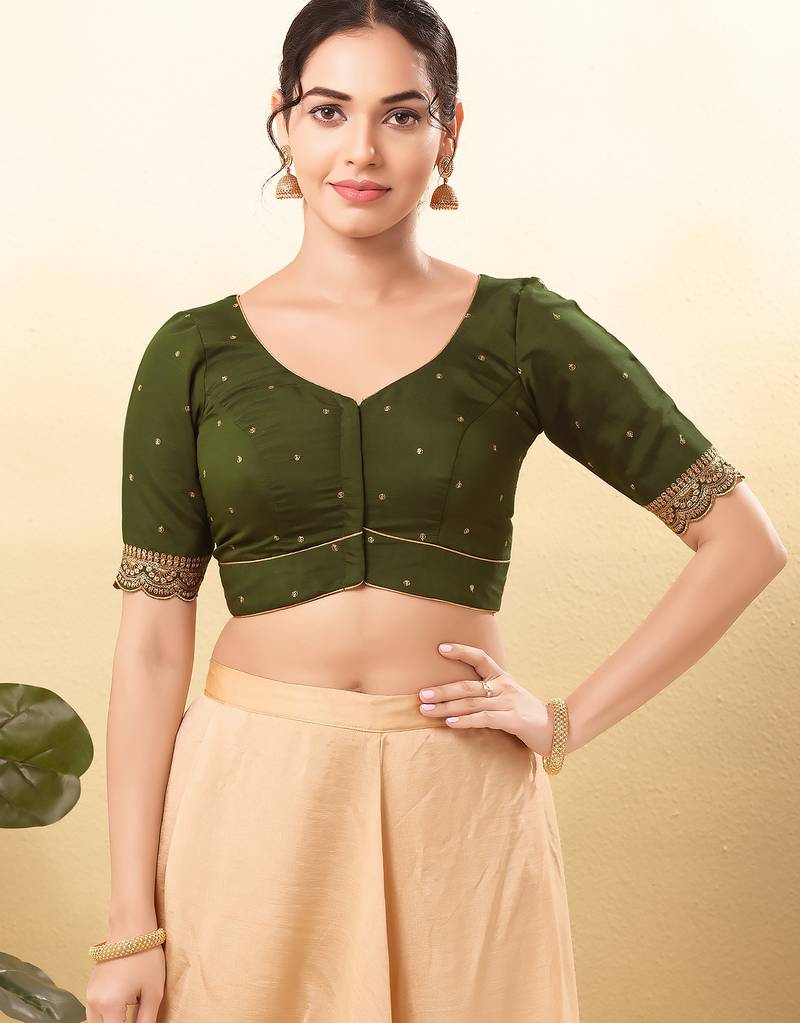 Women's silk padded front open elbow sleeves saree blouse