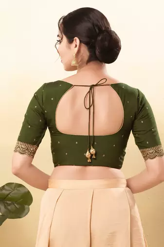 Women's silk padded front open elbow sleeves saree blouse