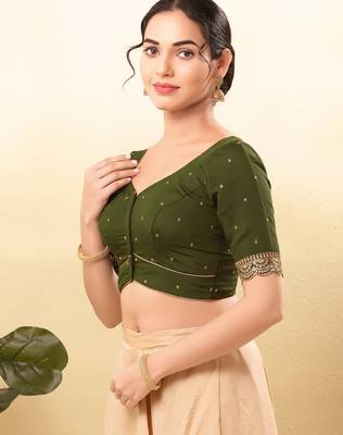 Women's silk padded front open elbow sleeves saree blouse 3