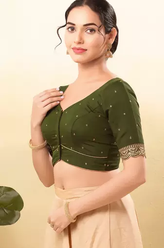 Women's silk padded front open elbow sleeves saree blouse