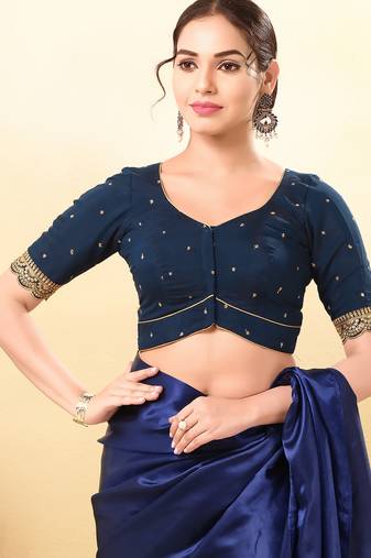 Women's silk padded front open elbow sleeves saree blouse