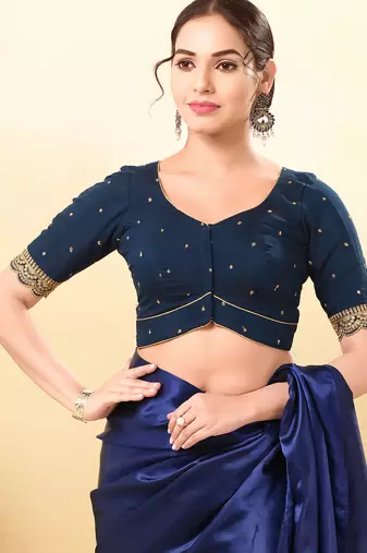 Women's silk padded front open elbow sleeves saree blouse