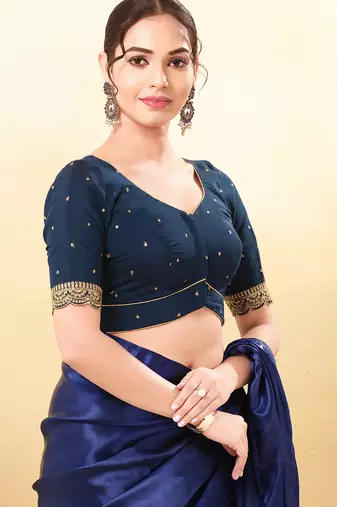 Women's silk padded front open elbow sleeves saree blouse