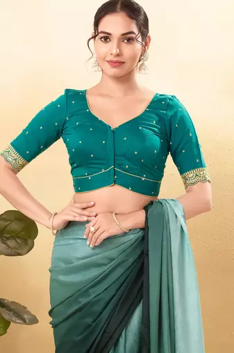 Women's silk padded front open elbow sleeves saree blouse