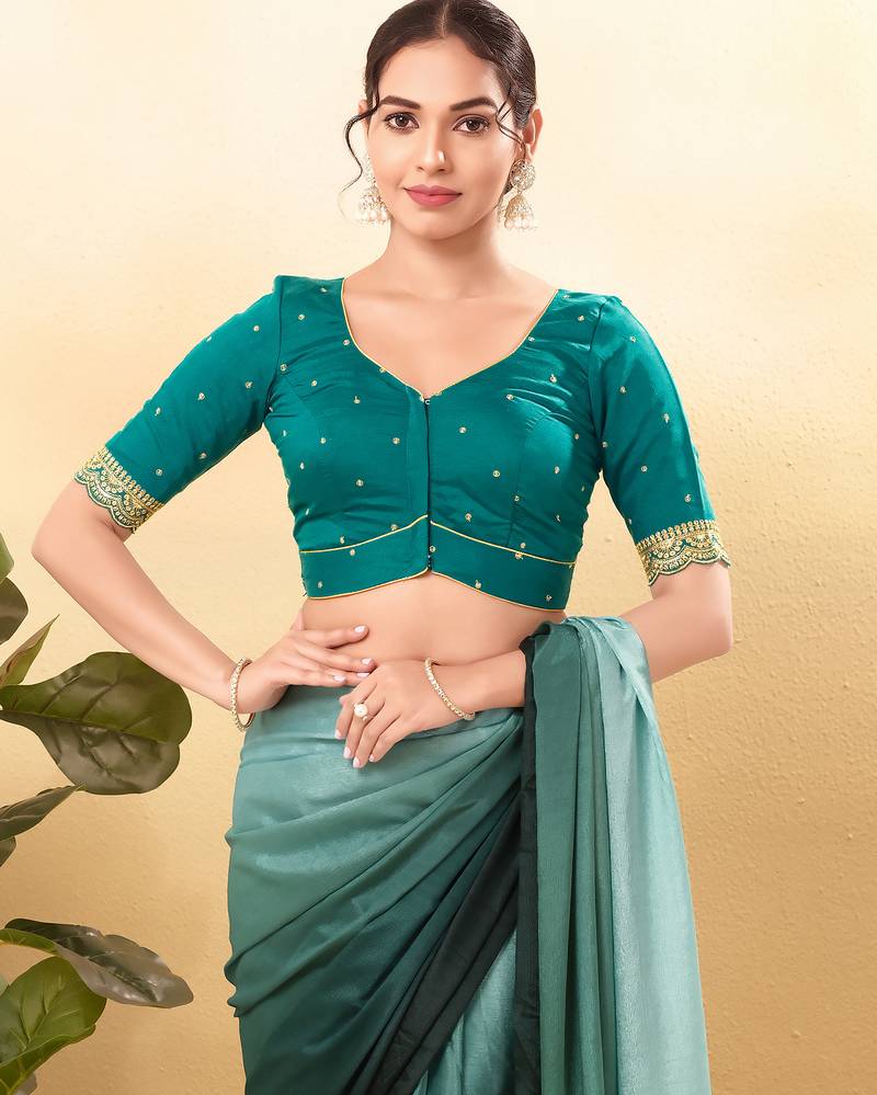 Women's silk padded front open elbow sleeves saree blouse
