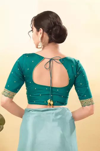 Women's silk padded front open elbow sleeves saree blouse