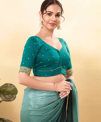 Women's silk padded front open elbow sleeves saree blouse 3