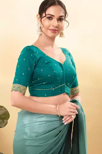 Women's silk padded front open elbow sleeves saree blouse