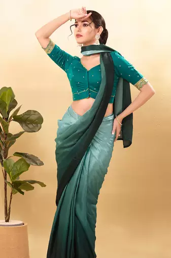 Women's silk padded front open elbow sleeves saree blouse