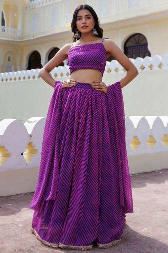 Alluring Purple Laheriya Printed Wedding Wear Lehenga Choli With Dupatta
