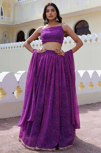 Alluring Purple Laheriya Printed Wedding Wear Lehenga Choli With Dupatta