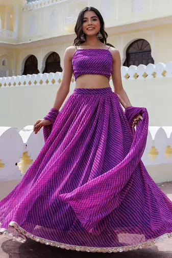 Alluring Purple Laheriya Printed Wedding Wear Lehenga Choli With Dupatta