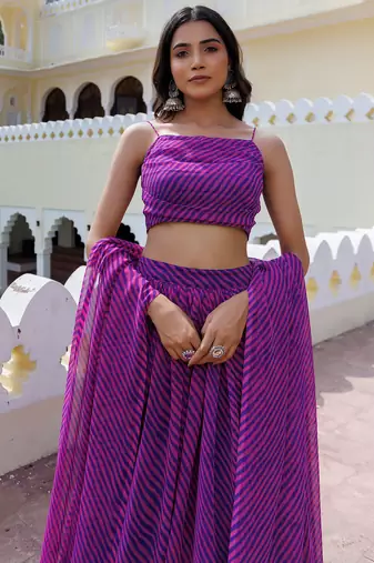 Alluring Purple Laheriya Printed Wedding Wear Lehenga Choli With Dupatta