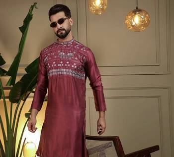 Maroon silk embroidery party wear kurta and payjama 2