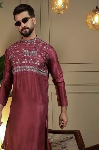 Maroon silk embroidery party wear kurta and payjama