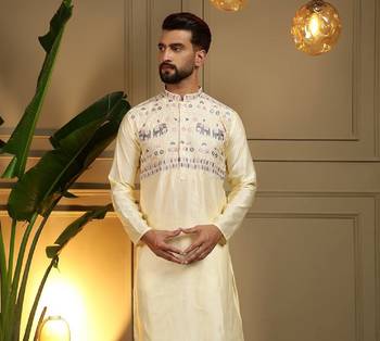 Yellow silk embroidery party wear kurta and payjama 2