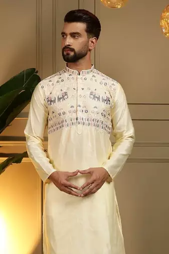 Yellow silk embroidery party wear kurta and payjama