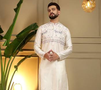 White silk embroidery party wear kurta and payjama 2