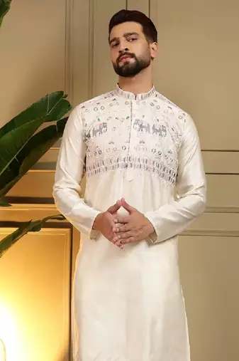 White silk embroidery party wear kurta and payjama