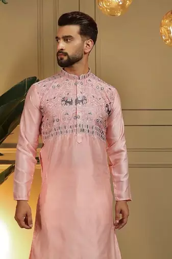 Pink silk embroidery party wear kurta and payjama