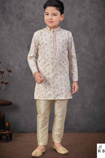 Multi-colour digital printed kurta pajama set with full computer embroidery thread & stone work