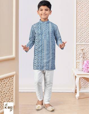 Blue-colour digital printed kurta pajama set with full computer embroidery thread & stone work 1