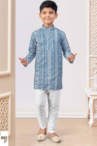 Blue-colour digital printed kurta pajama set with full computer embroidery thread & stone work