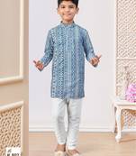 Blue-colour digital printed kurta pajama set with full computer embroidery thread & stone work