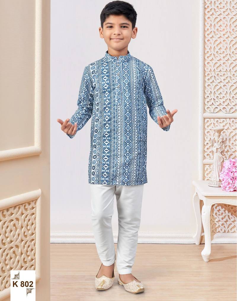 Blue-colour digital printed kurta pajama set with full computer embroidery thread & stone work