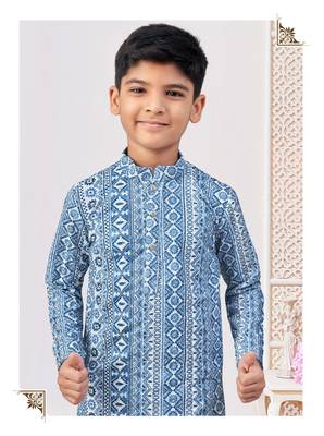 Blue-colour digital printed kurta pajama set with full computer embroidery thread & stone work 2