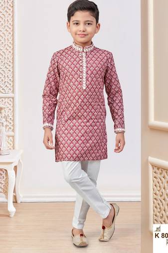 Maroon-colour digital printed kurta pajama set with full computer embroidery thread & stone work