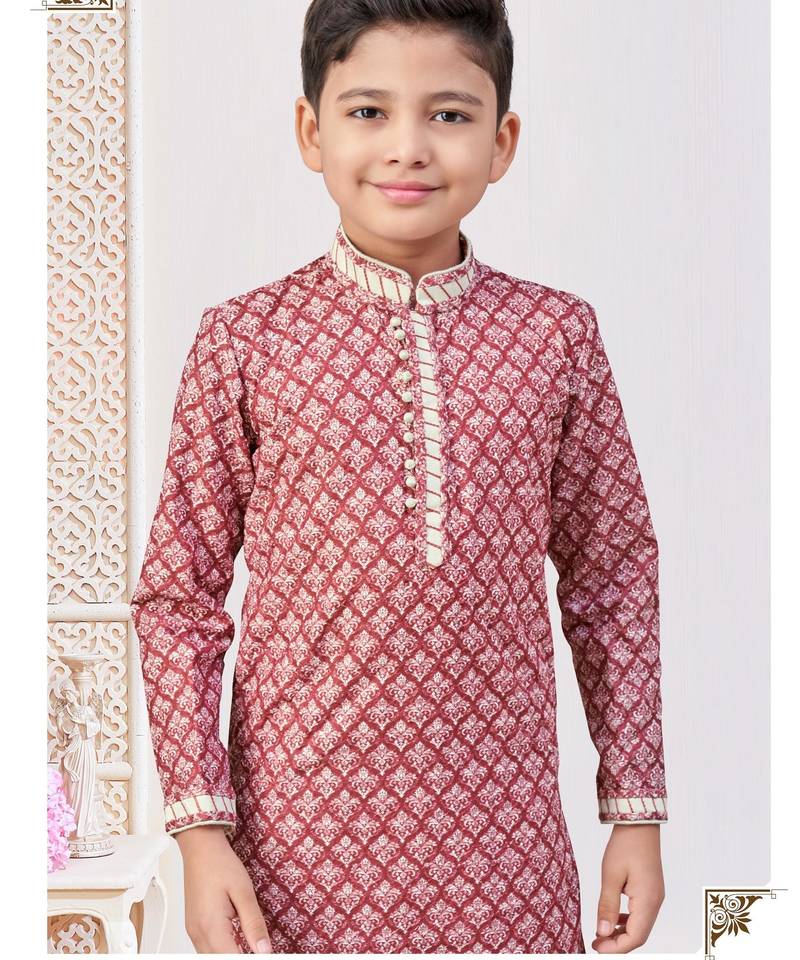 Maroon-colour digital printed kurta pajama set with full computer embroidery thread & stone work