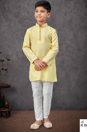 Yellow mix cotton kurta pajama set with thread work & fancy buttons