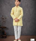 Yellow mix cotton kurta pajama set with thread work & fancy buttons