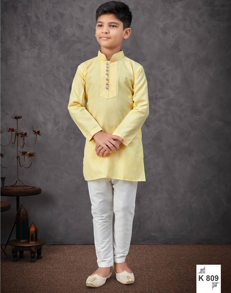 Yellow mix cotton kurta pajama set with thread work & fancy buttons