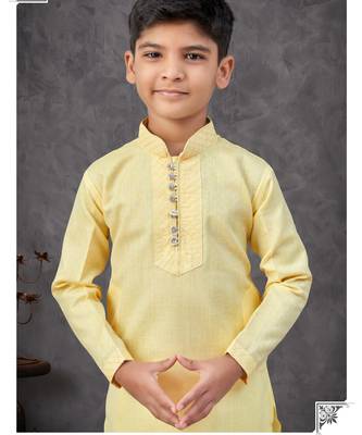 Yellow mix cotton kurta pajama set with thread work & fancy buttons 2