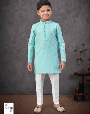 blue mix cotton kurta pajama set with thread work & fancy buttons 1