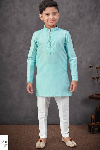 blue mix cotton kurta pajama set with thread work & fancy buttons